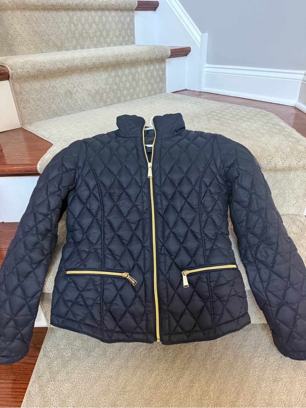 Michael Kors Navy Quilted Puffer Jacket with Gold Zippers